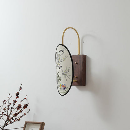 Traditional Chinese Oval Flower And Bird Patterned Hawthorn Wood Brass Fabric 1-Light Wall Sconce Lamp For Bedroom