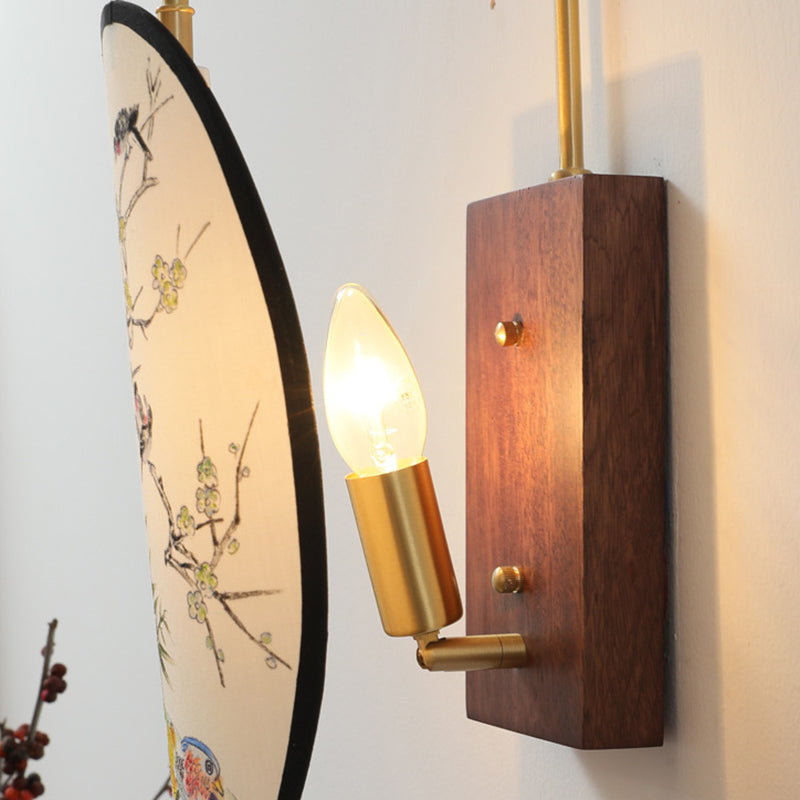 Traditional Chinese Oval Flower And Bird Patterned Hawthorn Wood Brass Fabric 1-Light Wall Sconce Lamp For Bedroom