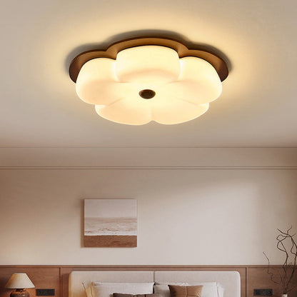 Traditional Vintage Flower Shape Solid Wood Iron PE LED Flush Mount Ceiling Light For Bedroom