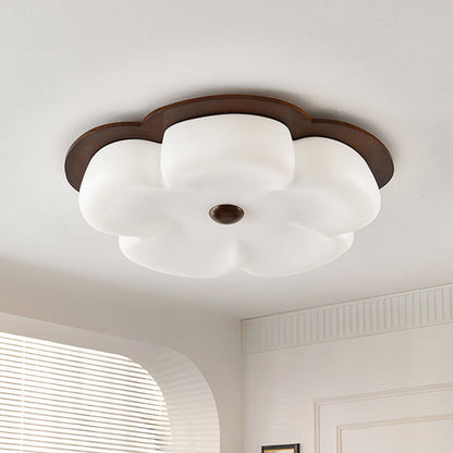Traditional Vintage Flower Shape Solid Wood Iron PE LED Flush Mount Ceiling Light For Bedroom