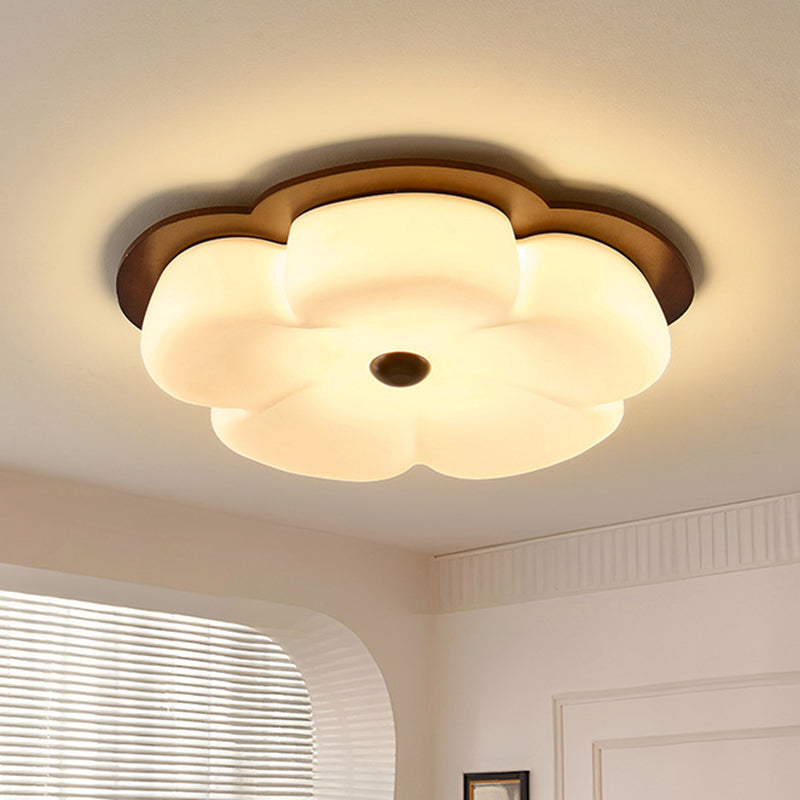 Traditional Vintage Flower Shape Solid Wood Iron PE LED Flush Mount Ceiling Light For Bedroom