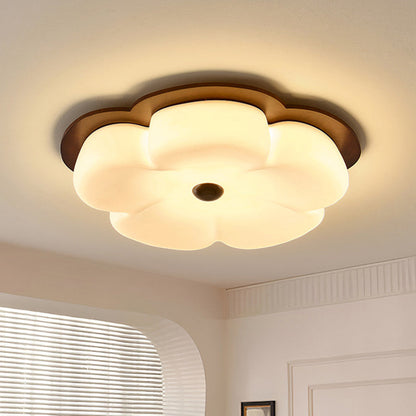 Traditional Vintage Flower Shape Solid Wood Iron PE LED Flush Mount Ceiling Light For Bedroom
