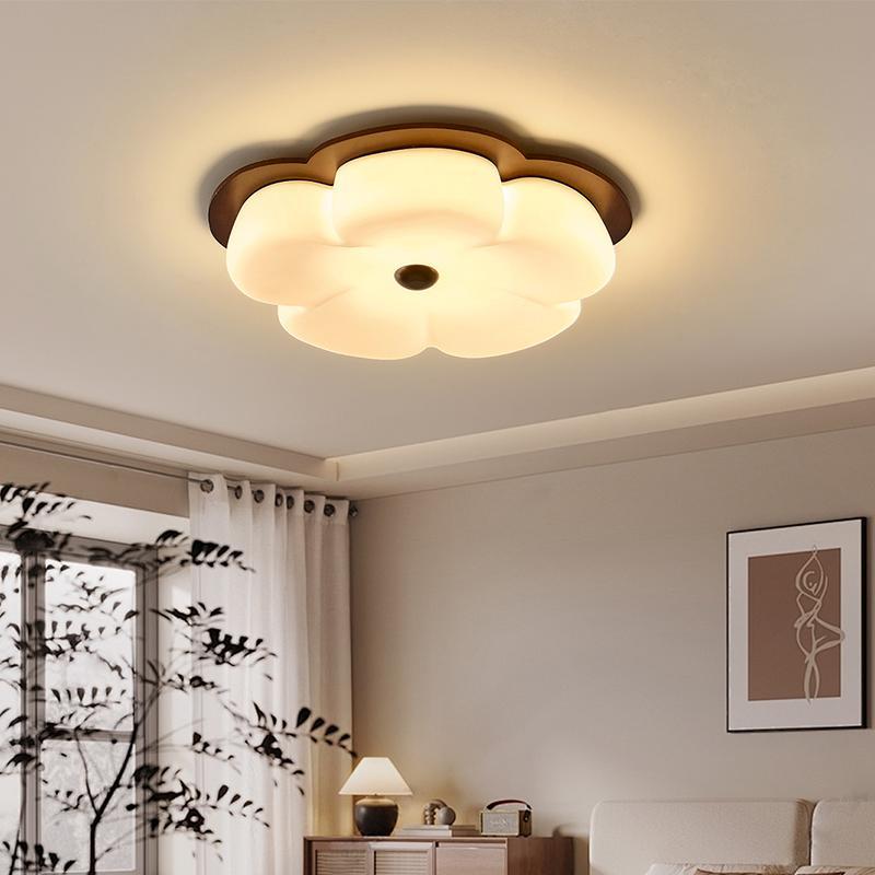 Traditional Vintage Flower Shape Solid Wood Iron PE LED Flush Mount Ceiling Light For Bedroom