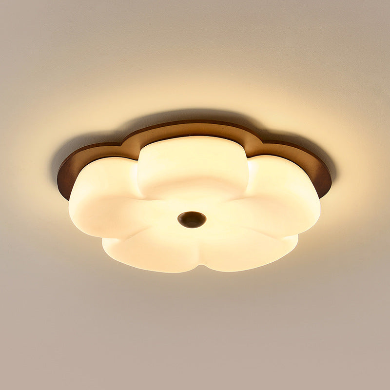 Traditional Vintage Flower Shape Solid Wood Iron PE LED Flush Mount Ceiling Light For Bedroom