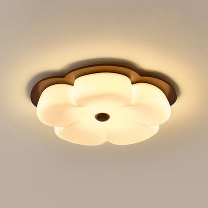 Traditional Vintage Flower Shape Solid Wood Iron PE LED Flush Mount Ceiling Light For Bedroom