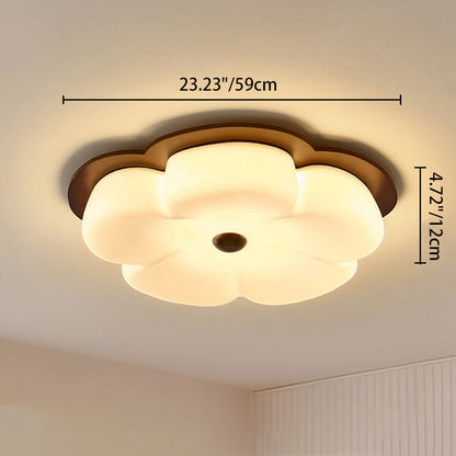 Traditional Vintage Flower Shape Solid Wood Iron PE LED Flush Mount Ceiling Light For Bedroom
