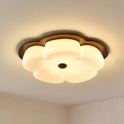 Traditional Vintage Flower Shape Solid Wood Iron PE LED Flush Mount Ceiling Light For Bedroom