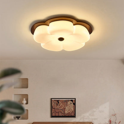 Traditional Vintage Flower Shape Solid Wood Iron PE LED Flush Mount Ceiling Light For Bedroom