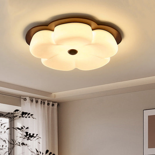 Traditional Vintage Flower Shape Solid Wood Iron PE LED Flush Mount Ceiling Light For Bedroom