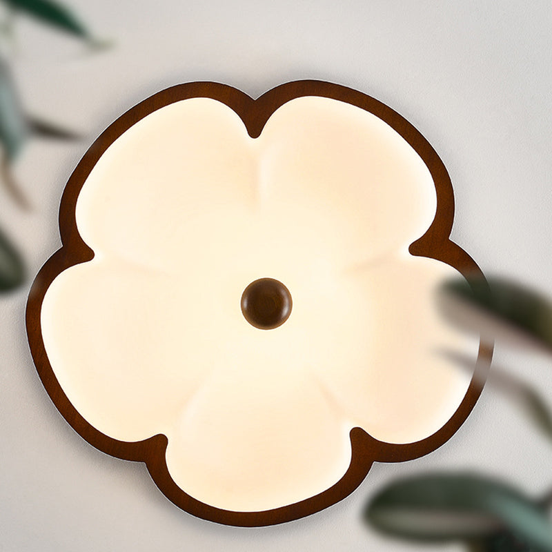 Traditional Vintage Flower Shape Solid Wood Iron PE LED Flush Mount Ceiling Light For Bedroom