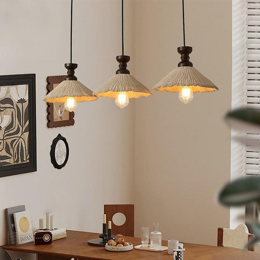 Traditional Vintage Conical Solid Wood Iron Micro Cement 1/3-Light Chandelier For Dining Room