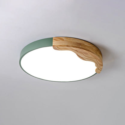 Contemporary Nordic Round Corrugated Iron Oak Acrylic LED Flush Mount Ceiling Light For Bedroom