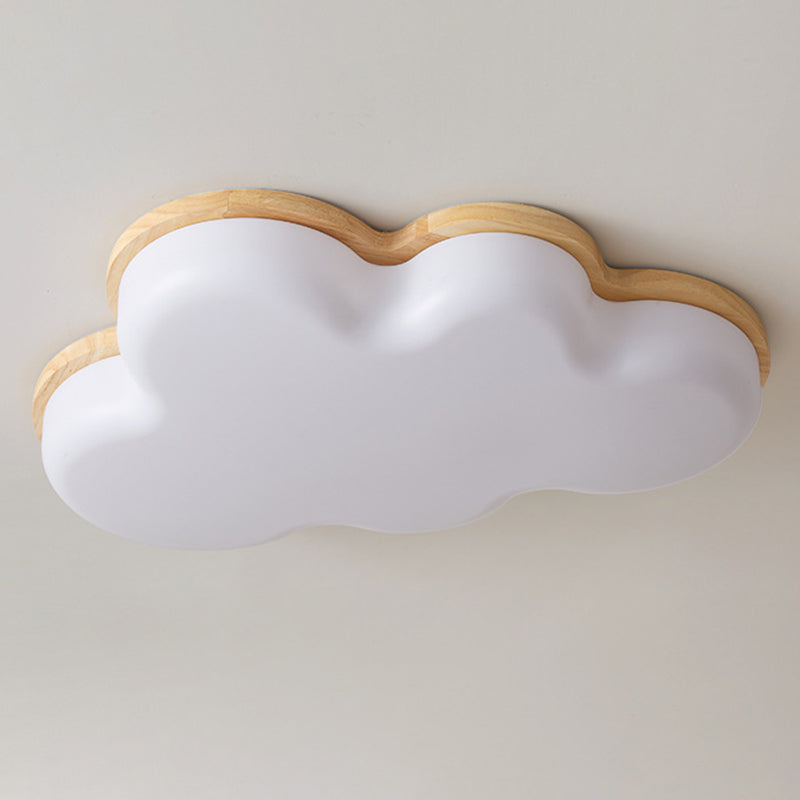 Modern Minimalist Kids Cloud-Shaped Rubberwood Acrylic LED Flush Mount Ceiling Light For Bedroom
