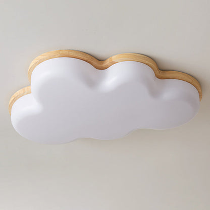 Modern Minimalist Kids Cloud-Shaped Rubberwood Acrylic LED Flush Mount Ceiling Light For Bedroom