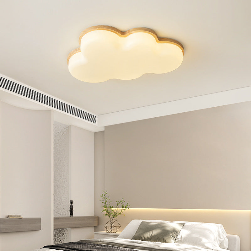 Modern Minimalist Kids Cloud-Shaped Rubberwood Acrylic LED Flush Mount Ceiling Light For Bedroom