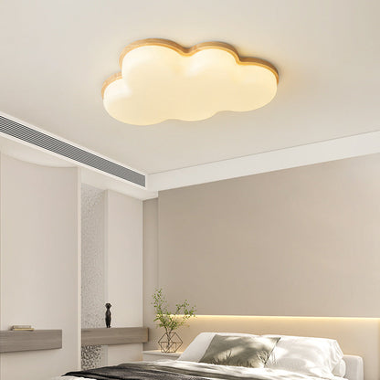 Modern Minimalist Kids Cloud-Shaped Rubberwood Acrylic LED Flush Mount Ceiling Light For Bedroom