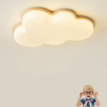 Modern Minimalist Kids Cloud-Shaped Rubberwood Acrylic LED Flush Mount Ceiling Light For Bedroom
