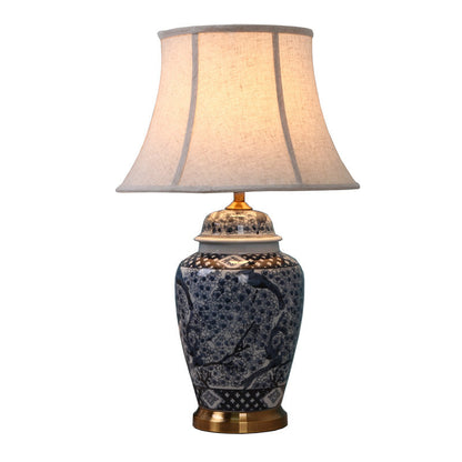 Traditional Chinese Pattern Pleated Cylindrical Copper Ceramic Fabric 1-Light Table Lamp For Bedroom