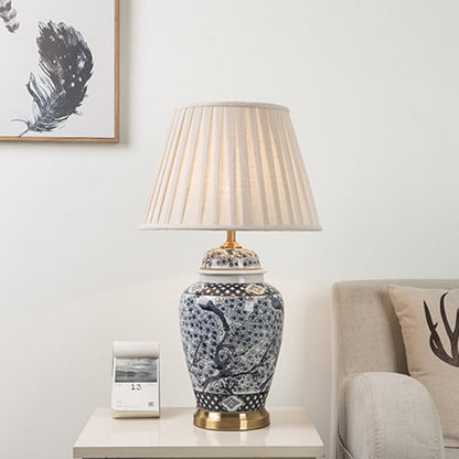 Traditional Chinese Pattern Pleated Cylindrical Copper Ceramic Fabric 1-Light Table Lamp For Bedroom