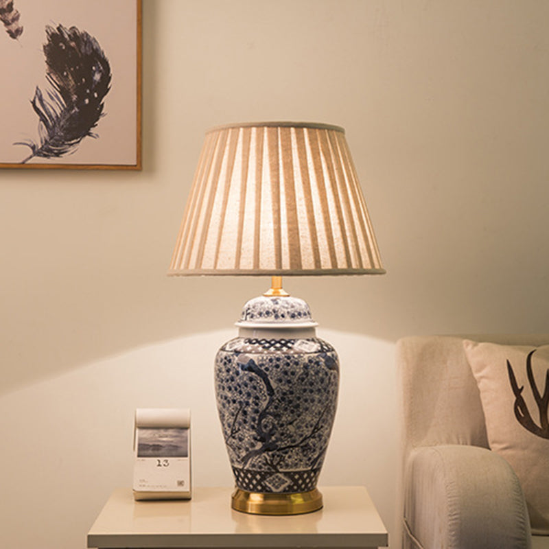 Traditional Chinese Pattern Pleated Cylindrical Copper Ceramic Fabric 1-Light Table Lamp For Bedroom