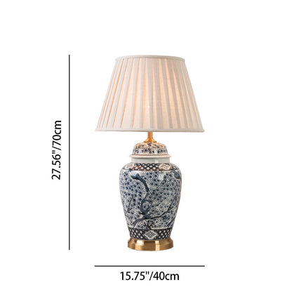 Traditional Chinese Pattern Pleated Cylindrical Copper Ceramic Fabric 1-Light Table Lamp For Bedroom