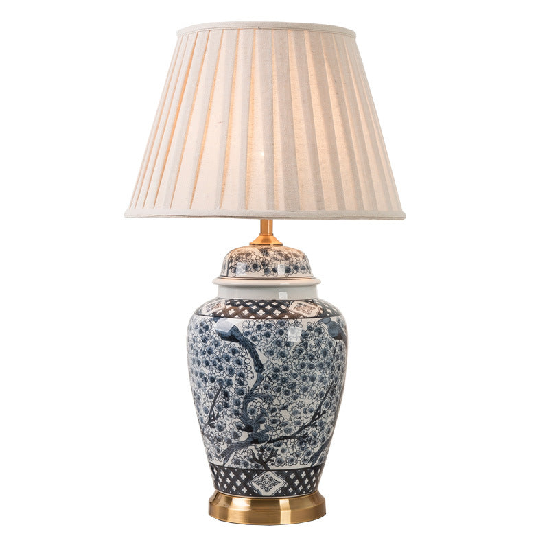 Traditional Chinese Pattern Pleated Cylindrical Copper Ceramic Fabric 1-Light Table Lamp For Bedroom