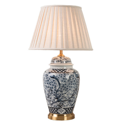 Traditional Chinese Pattern Pleated Cylindrical Copper Ceramic Fabric 1-Light Table Lamp For Bedroom