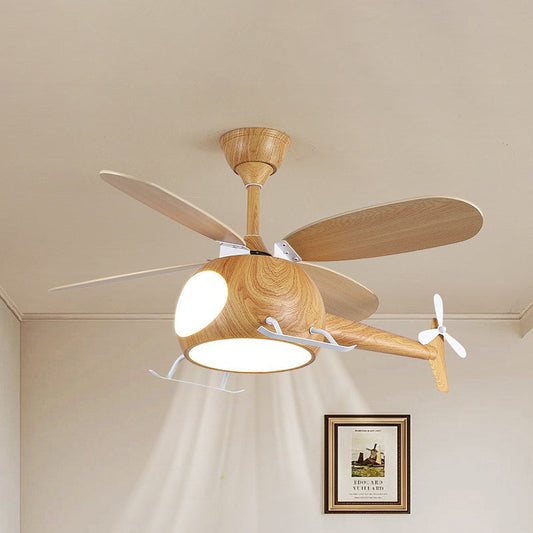 Contemporary Creative Kids Airplane-Shaped Wooden Iron Acrylic LED Downrods Ceiling Fan Light For Bedroom