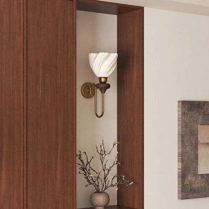Traditional Vintage Petal-Shaped Skirt Hem Solid Wood Iron PLA 1-Light Wall Sconce Lamp For Bedroom