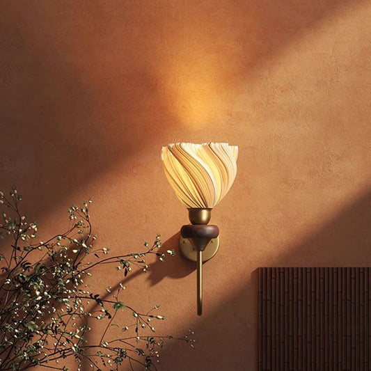 Traditional Vintage Petal-Shaped Skirt Hem Solid Wood Iron PLA 1-Light Wall Sconce Lamp For Bedroom
