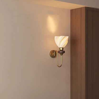 Traditional Vintage Petal-Shaped Skirt Hem Solid Wood Iron PLA 1-Light Wall Sconce Lamp For Bedroom