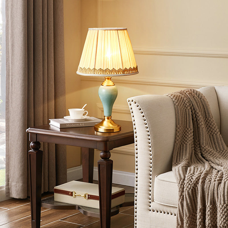 Traditional Vintage Cylindrical Copper Ceramic Linen 1-Light Table Lamp For Bedroom