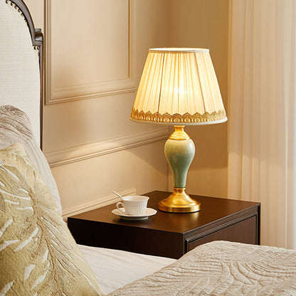 Traditional Vintage Cylindrical Copper Ceramic Linen 1-Light Table Lamp For Bedroom