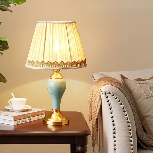 Traditional Vintage Cylindrical Copper Ceramic Linen 1-Light Table Lamp For Bedroom