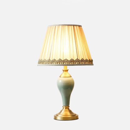 Traditional Vintage Cylindrical Copper Ceramic Linen 1-Light Table Lamp For Bedroom
