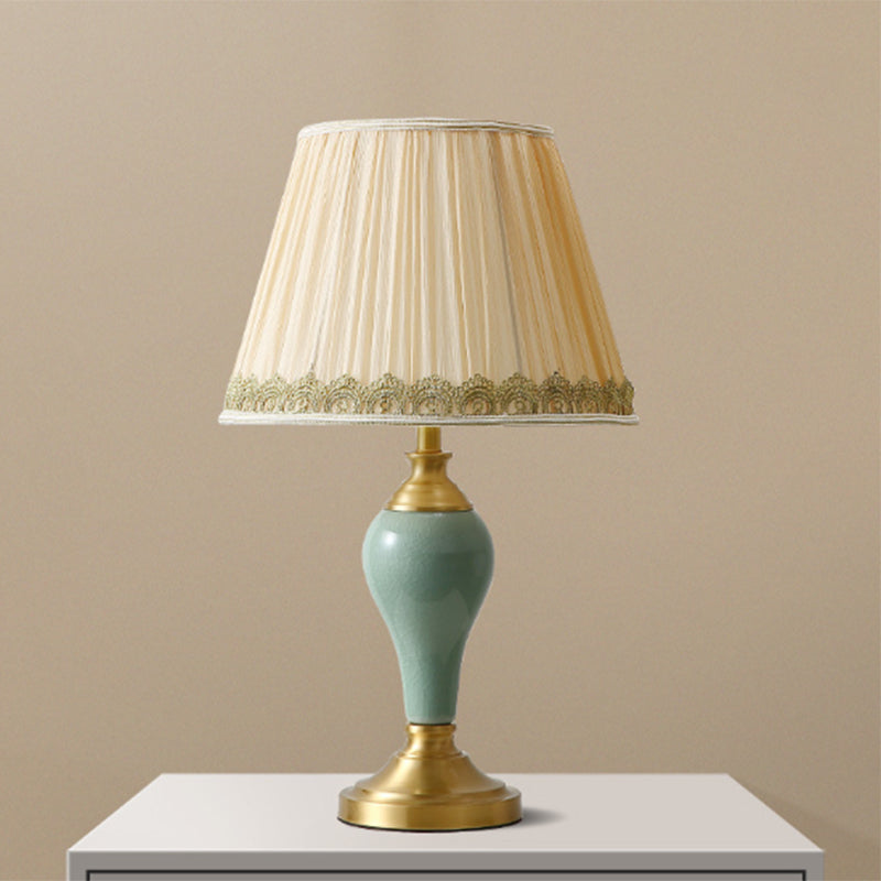 Traditional Vintage Cylindrical Copper Ceramic Linen 1-Light Table Lamp For Bedroom