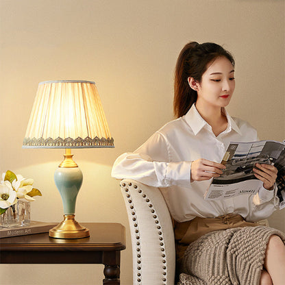 Traditional Vintage Cylindrical Copper Ceramic Linen 1-Light Table Lamp For Bedroom