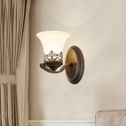 Traditional Vintage Floral Pattern Iron Glass 1-Light Wall Sconce Lamp For Bedroom