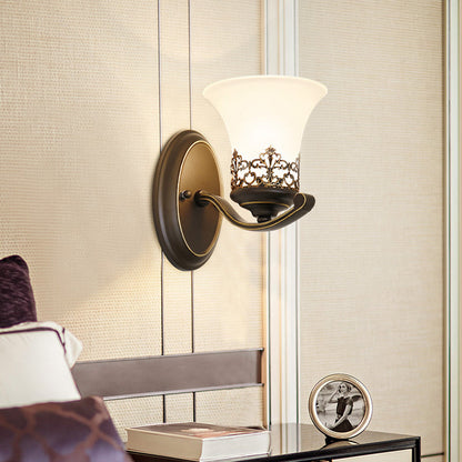 Traditional Vintage Floral Pattern Iron Glass 1-Light Wall Sconce Lamp For Bedroom