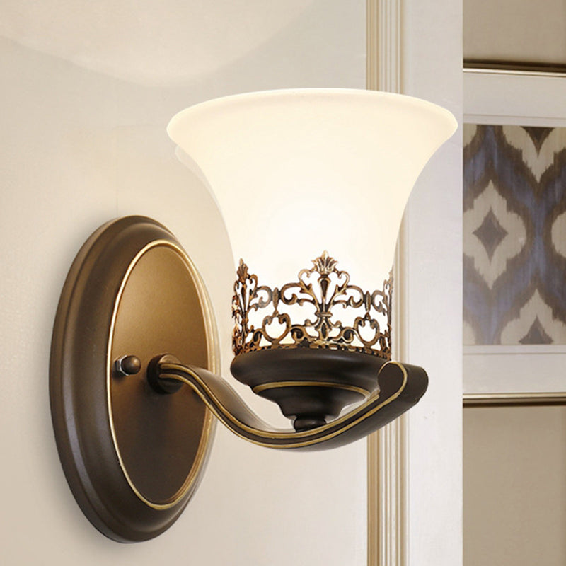Traditional Vintage Floral Pattern Iron Glass 1-Light Wall Sconce Lamp For Bedroom