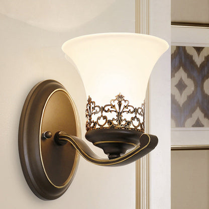 Traditional Vintage Floral Pattern Iron Glass 1-Light Wall Sconce Lamp For Bedroom