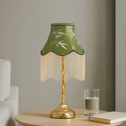 Traditional Vintage Cylindrical Bamboo Pattern Tassel Iron Fabric 1-Light Table Lamp For Bedroom