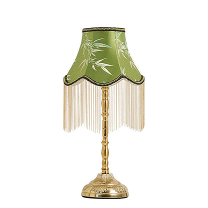 Traditional Vintage Cylindrical Bamboo Pattern Tassel Iron Fabric 1-Light Table Lamp For Bedroom