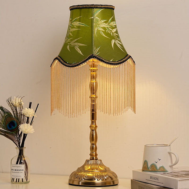 Traditional Vintage Cylindrical Bamboo Pattern Tassel Iron Fabric 1-Light Table Lamp For Bedroom