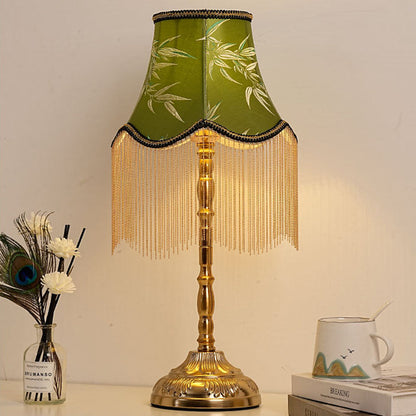 Traditional Vintage Cylindrical Bamboo Pattern Tassel Iron Fabric 1-Light Table Lamp For Bedroom