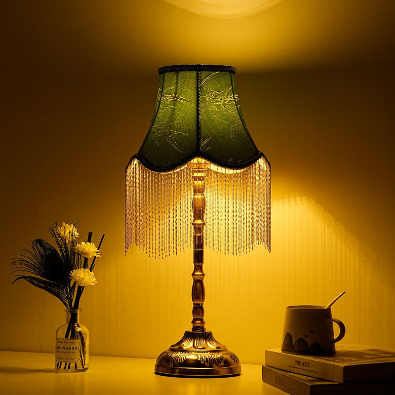 Traditional Vintage Cylindrical Bamboo Pattern Tassel Iron Fabric 1-Light Table Lamp For Bedroom