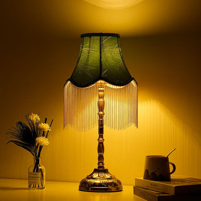 Traditional Vintage Cylindrical Bamboo Pattern Tassel Iron Fabric 1-Light Table Lamp For Bedroom