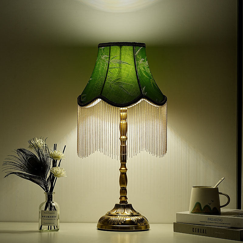 Traditional Vintage Cylindrical Bamboo Pattern Tassel Iron Fabric 1-Light Table Lamp For Bedroom