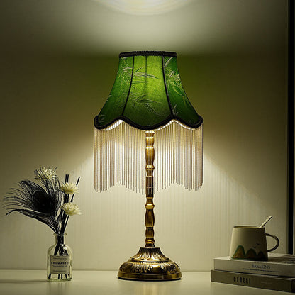 Traditional Vintage Cylindrical Bamboo Pattern Tassel Iron Fabric 1-Light Table Lamp For Bedroom