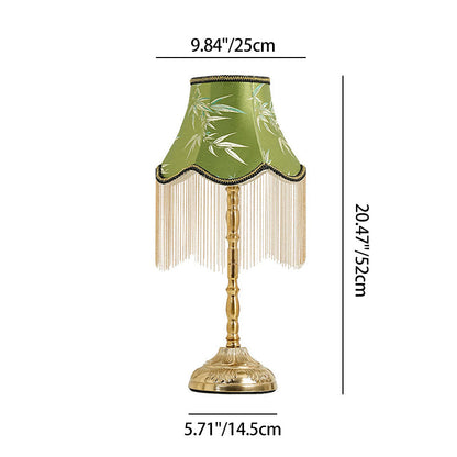 Traditional Vintage Cylindrical Bamboo Pattern Tassel Iron Fabric 1-Light Table Lamp For Bedroom